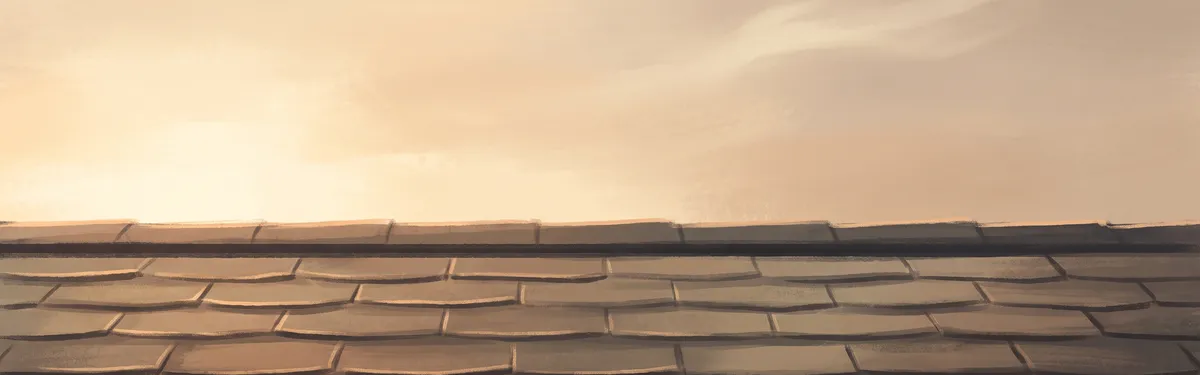 Dawn light on a shingle roof against a warm morning sky, illustrative image